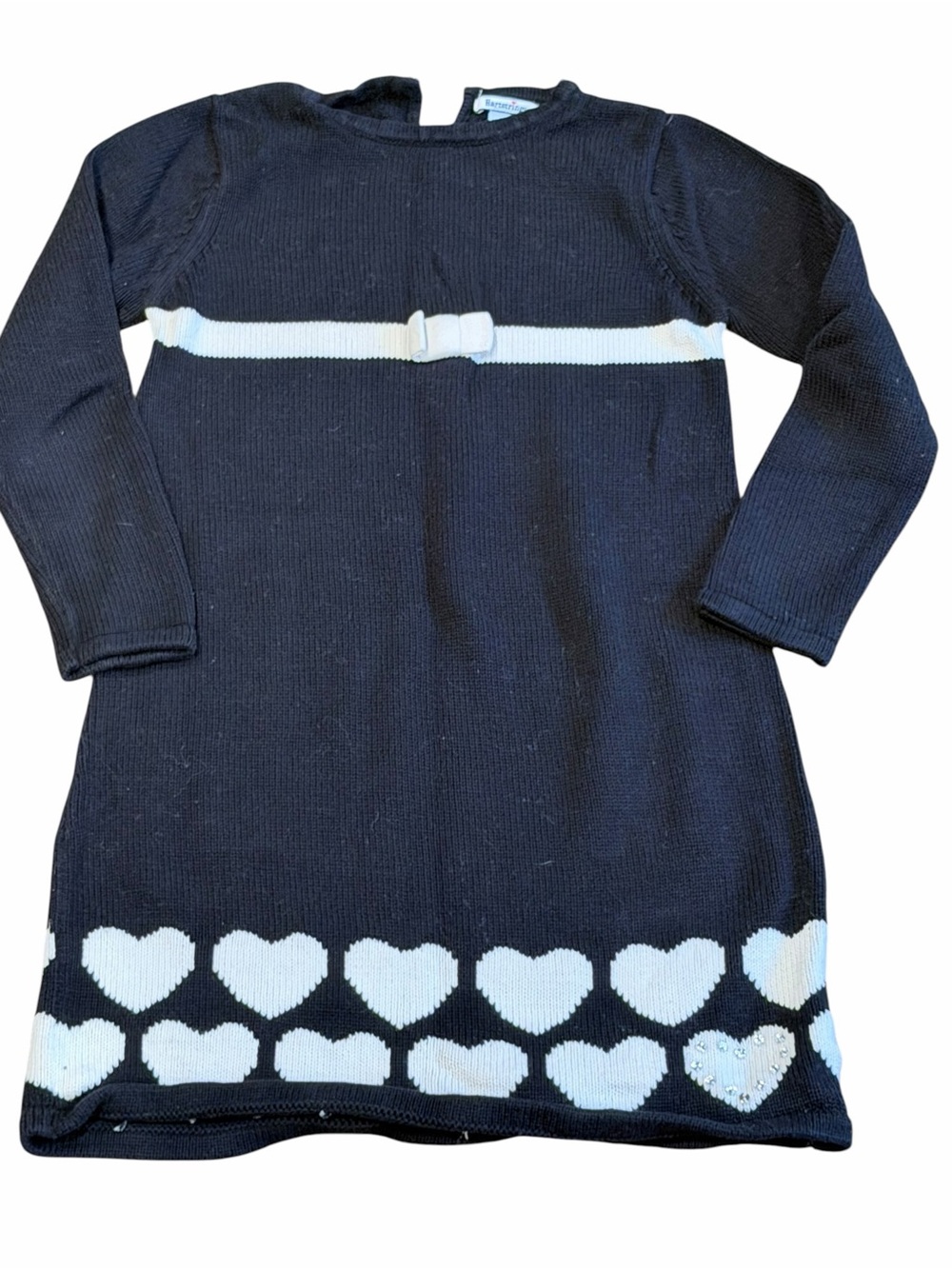 Hartstrings, Black Knit Dress with White Heart Trim and Bow, Size 7/8